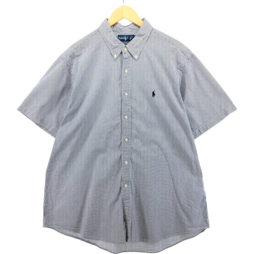 Ralph Lauren Custom Fit Seersucker Short Sleeve Button-Down Striped Shirt, Men's XXL cotton Khaki type Vintage Second Hand