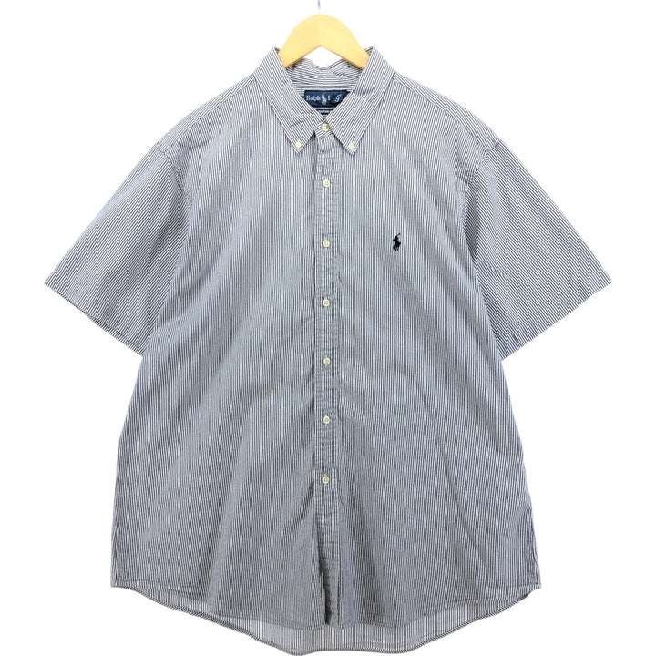 Ralph Lauren Custom Fit Seersucker Short Sleeve Button-Down Striped Shirt, Men's XXL cotton Khaki type Vintage Second Hand