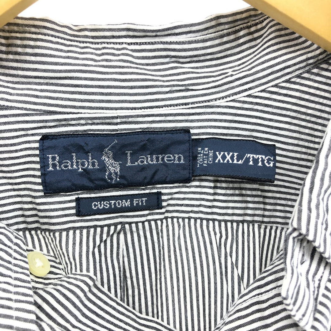 Ralph Lauren Custom Fit Seersucker Short Sleeve Button-Down Striped Shirt, Men's XXL cotton Khaki type Vintage Second Hand