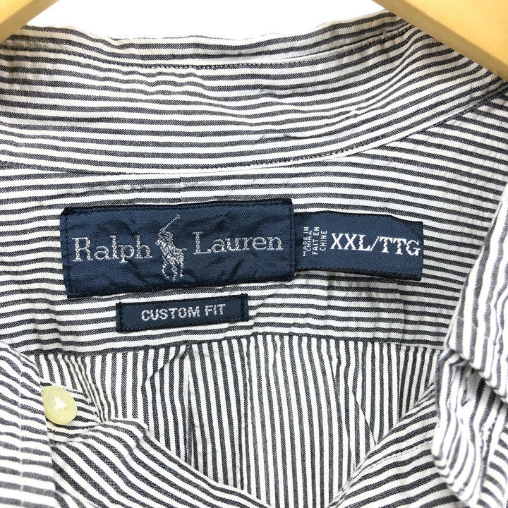 Ralph Lauren Custom Fit Seersucker Short Sleeve Button-Down Striped Shirt, Men's XXL cotton Khaki type Vintage Second Hand