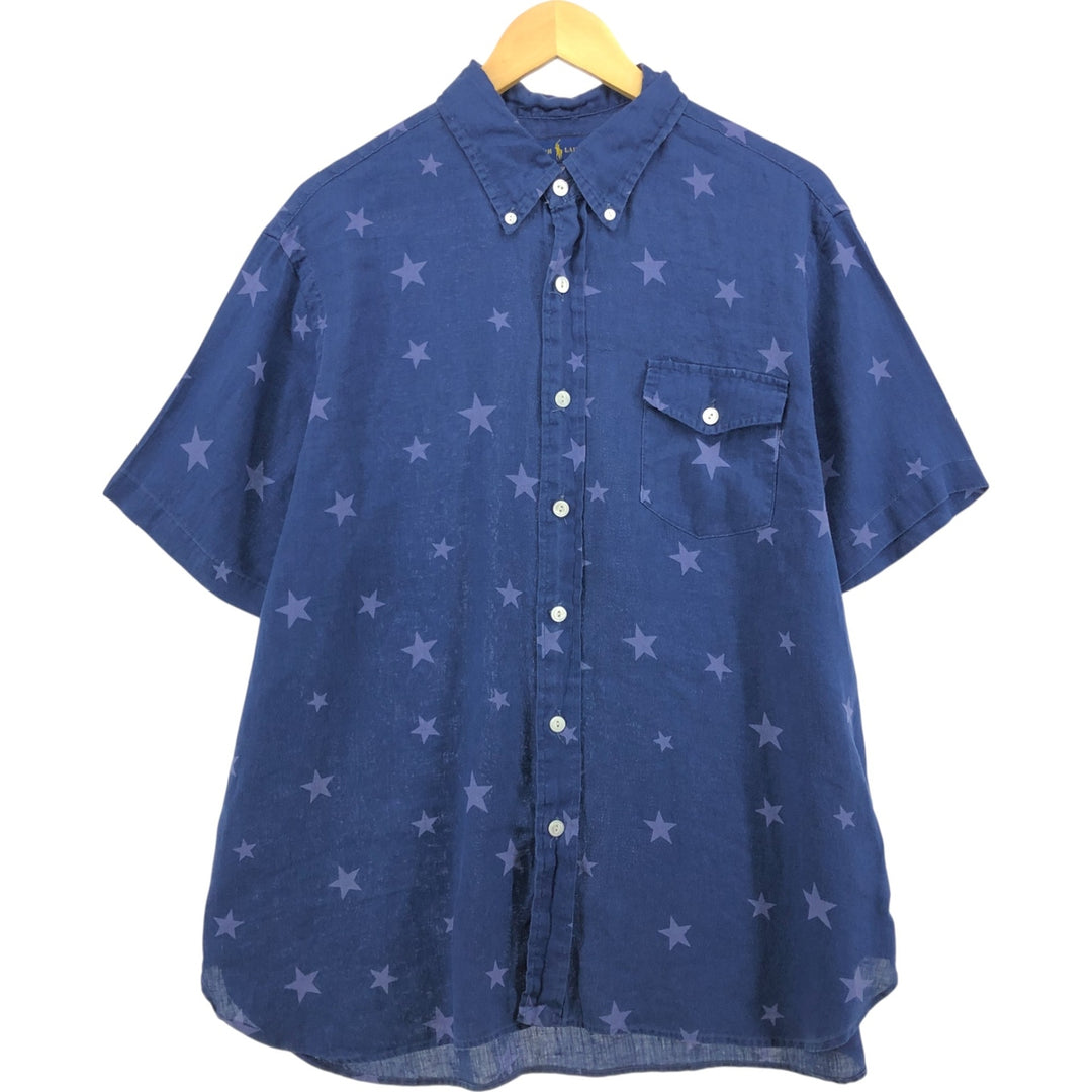 Ralph Lauren Classic Fit All-Over Star Print Button-Down Short Sleeve Linen Shirt, Women's Size XL linen navy blue type Vintage Second Hand