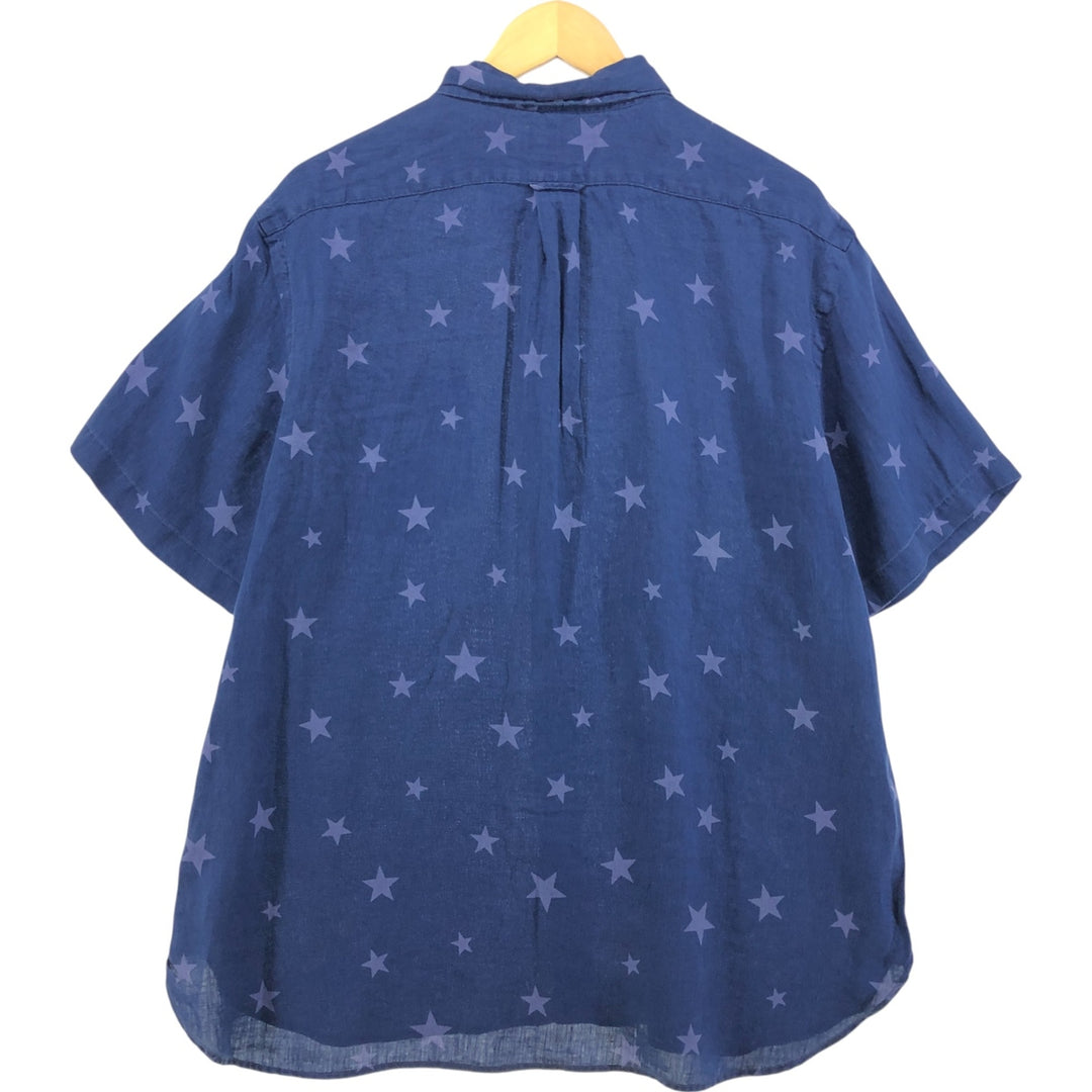 Ralph Lauren Classic Fit All-Over Star Print Button-Down Short Sleeve Linen Shirt, Women's Size XL linen navy blue type Vintage Second Hand