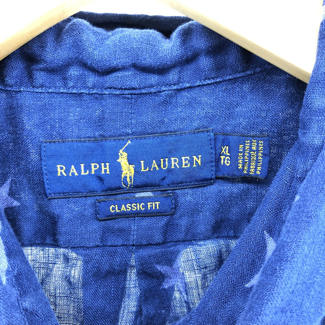 Ralph Lauren Classic Fit All-Over Star Print Button-Down Short Sleeve Linen Shirt, Women's Size XL linen navy blue type Vintage Second Hand