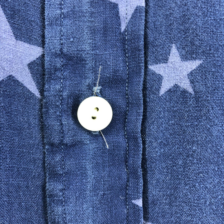 Ralph Lauren Classic Fit All-Over Star Print Button-Down Short Sleeve Linen Shirt, Women's Size XL linen navy blue type Vintage Second Hand