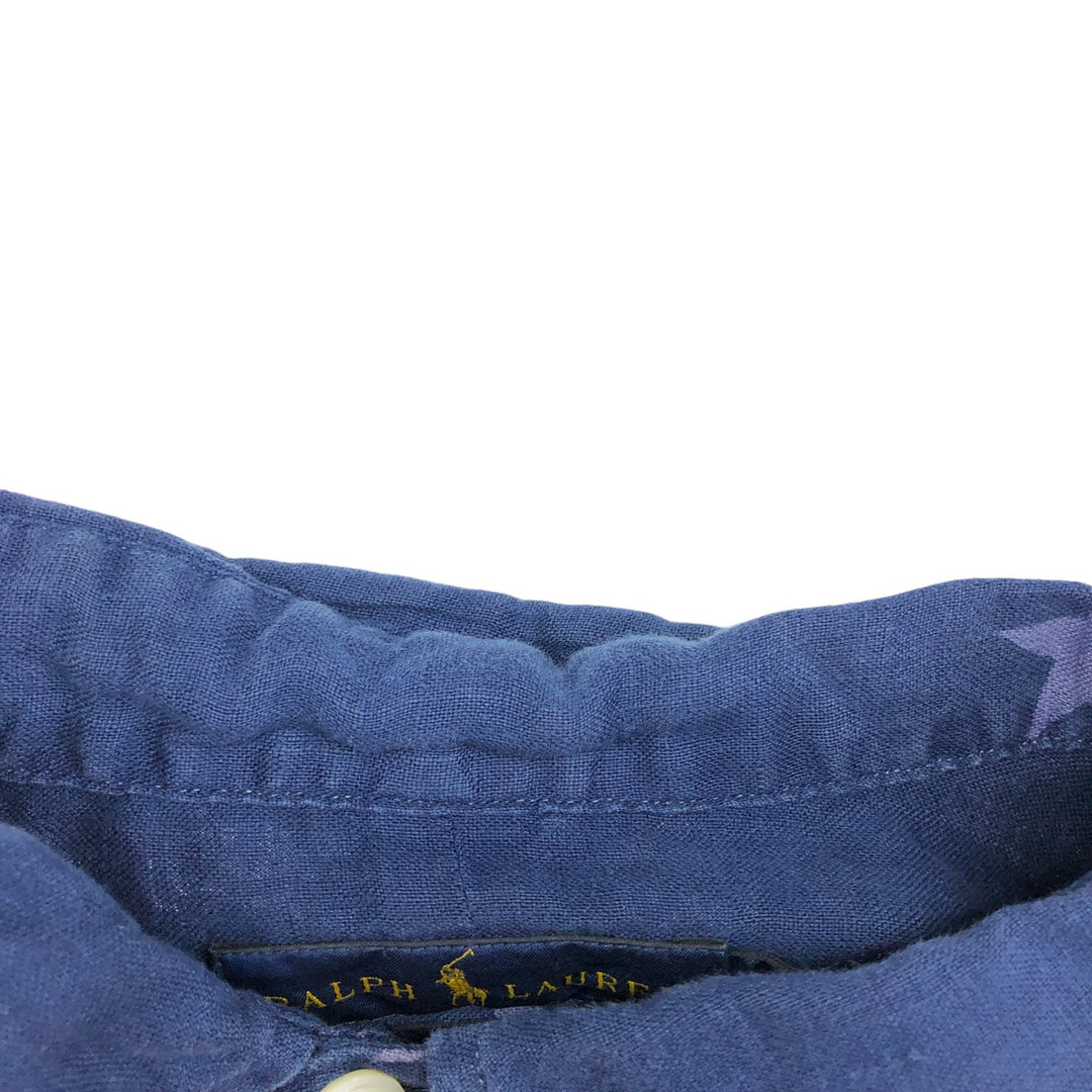 Ralph Lauren Classic Fit All-Over Star Print Button-Down Short Sleeve Linen Shirt, Women's Size XL linen navy blue type Vintage Second Hand