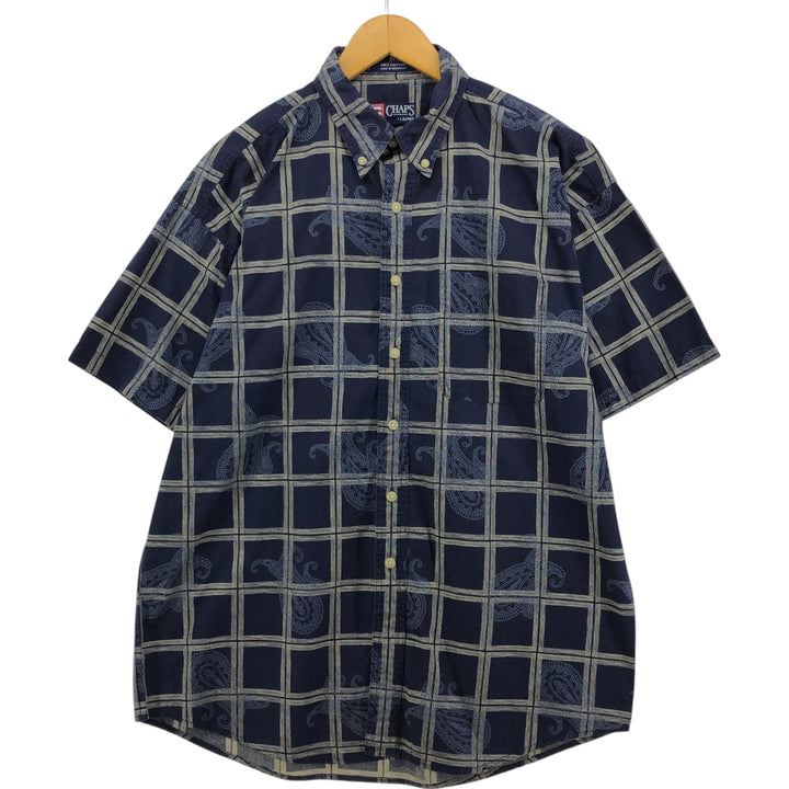 90'S Ralph Lauren Chaps Check Pattern Paisley Pattern Short Sleeve Button Down Shirt Men's L Size Vintage cotton navy blue type Vintage Second Hand