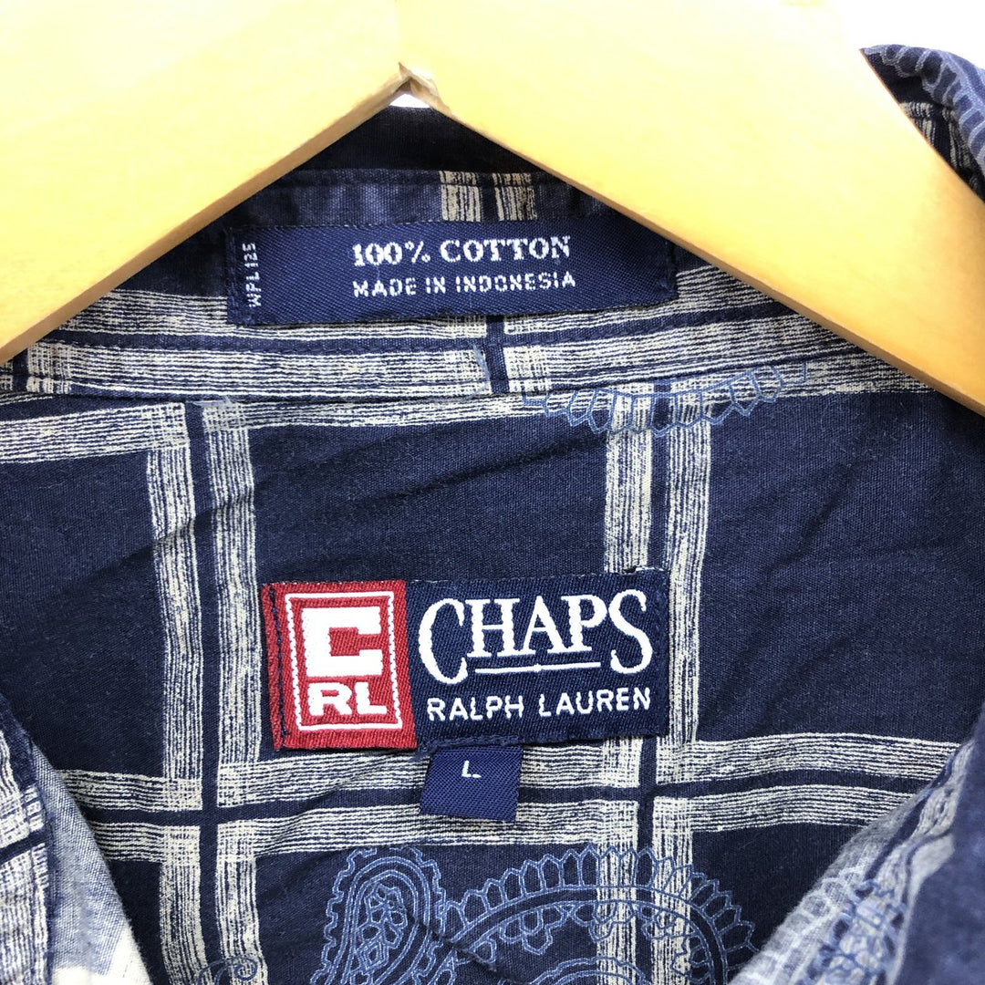 90'S Ralph Lauren Chaps Check Pattern Paisley Pattern Short Sleeve Button Down Shirt Men's L Size Vintage cotton navy blue type Vintage Second Hand