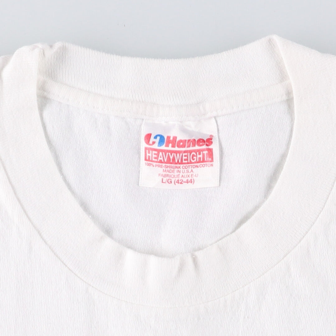 Vintage 90'S Hanes Heavyweight Printed T-shirt, Made in USA, Men's L size cotton white type Vintage Second Hand
