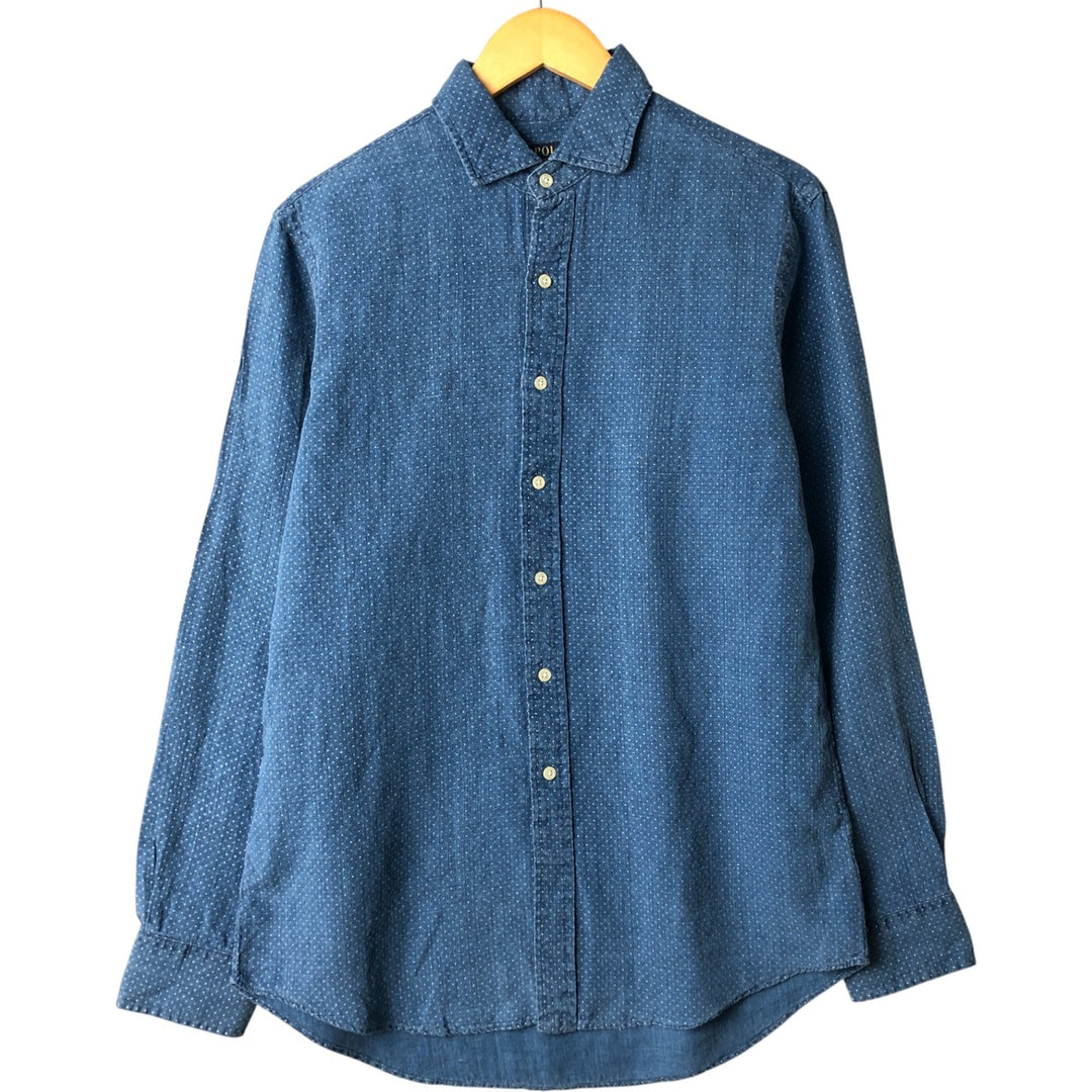 Ralph Lauren POLO RALPH LAUREN dot pattern wide collar long sleeve linen shirt, men's size M linen blue type Vintage Second Hand