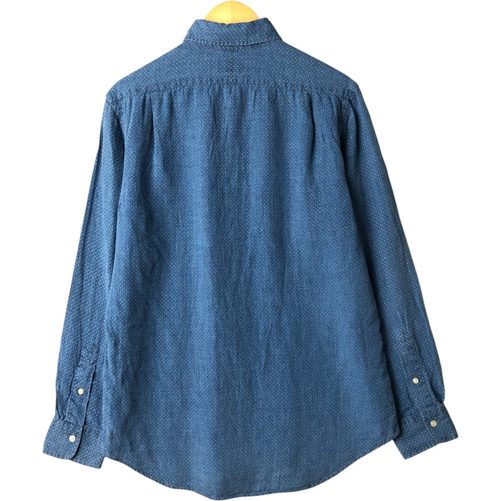 Ralph Lauren POLO RALPH LAUREN dot pattern wide collar long sleeve linen shirt, men's size M linen blue type Vintage Second Hand