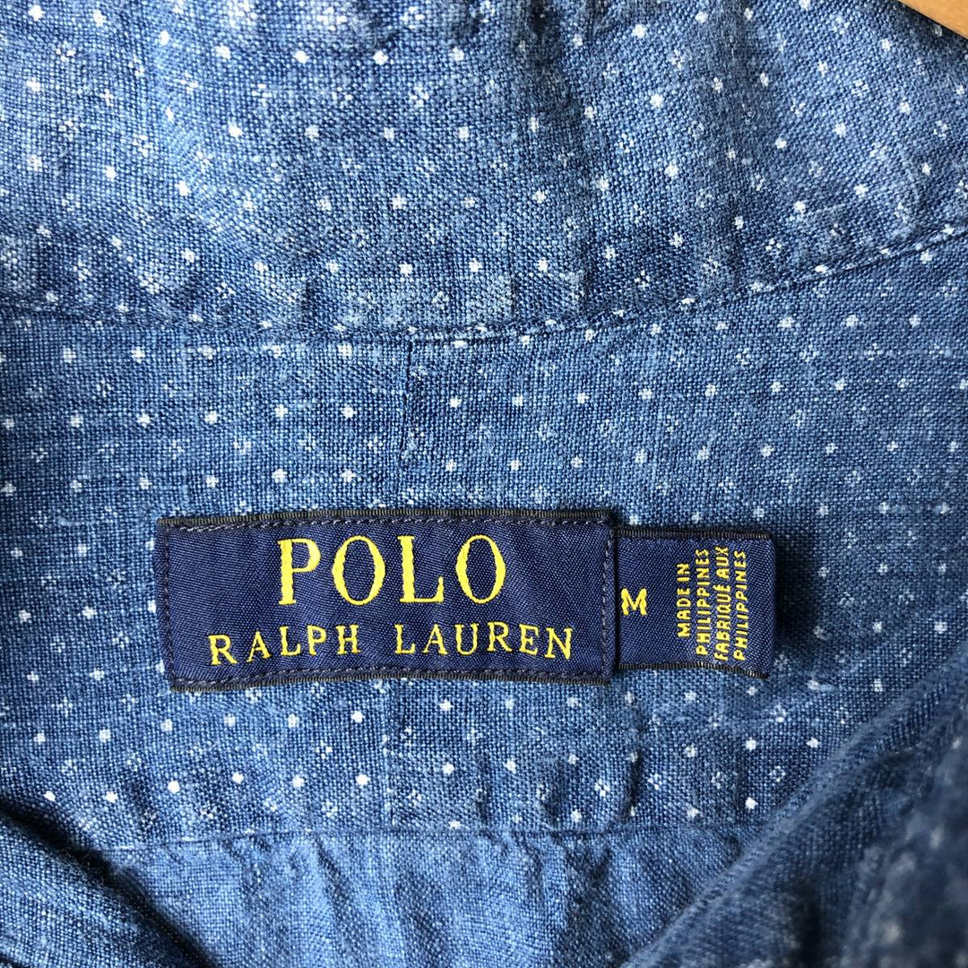 Ralph Lauren POLO RALPH LAUREN dot pattern wide collar long sleeve linen shirt, men's size M linen blue type Vintage Second Hand