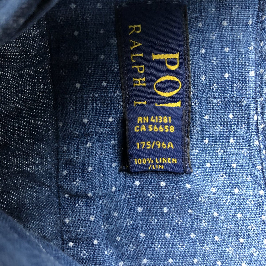 Ralph Lauren POLO RALPH LAUREN dot pattern wide collar long sleeve linen shirt, men's size M linen blue type Vintage Second Hand