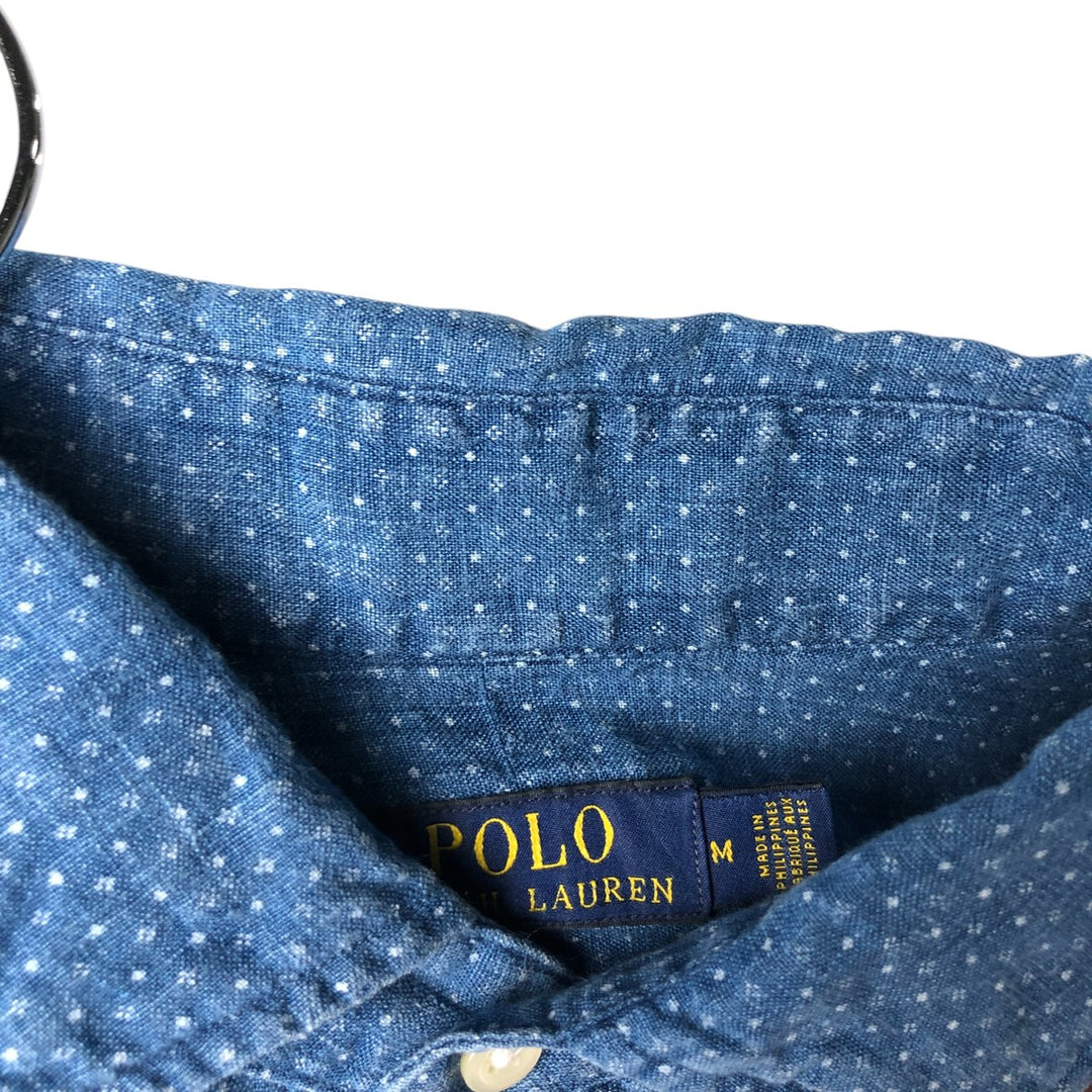 Ralph Lauren POLO RALPH LAUREN dot pattern wide collar long sleeve linen shirt, men's size M linen blue type Vintage Second Hand