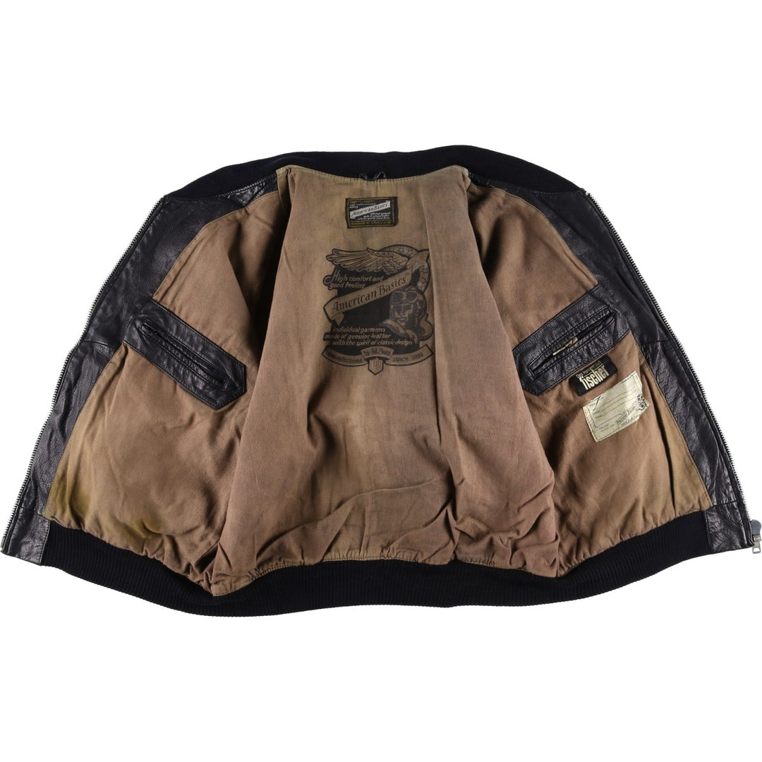 American Basics Leather Blouson with Badge, Men's Size XL genuine leather black type Vintage Second Hand