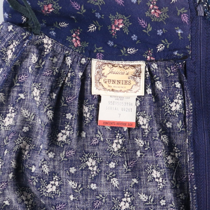 Vintage 1970'S Gunne Sax Gannies all-over print ruffled cotton half-length flared skirt, size S. cotton navy blue type Vintage Second Hand