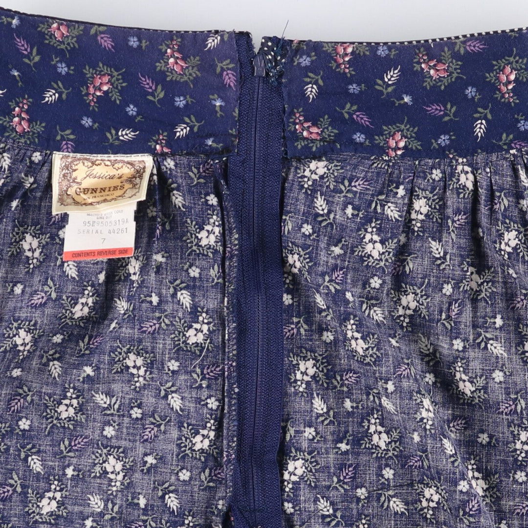 Vintage 1970'S Gunne Sax Gannies all-over print ruffled cotton half-length flared skirt, size S. cotton navy blue type Vintage Second Hand