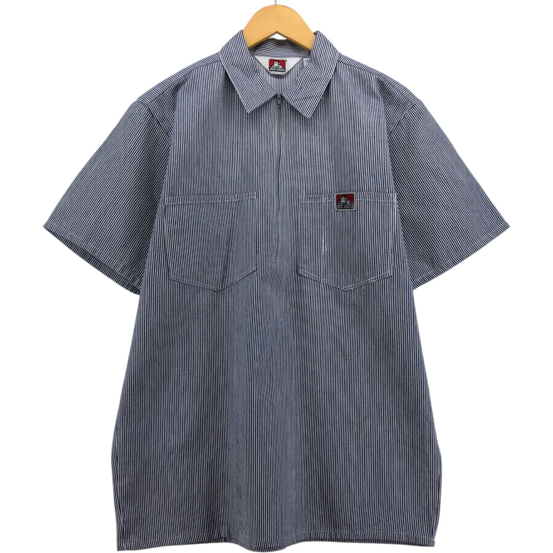 90'S Ben Davis Stripe Pattern Half-Zip Pullover Short Sleeve Work Shirt, Boxy Shirt, Vintage cotton white type Vintage Second Hand