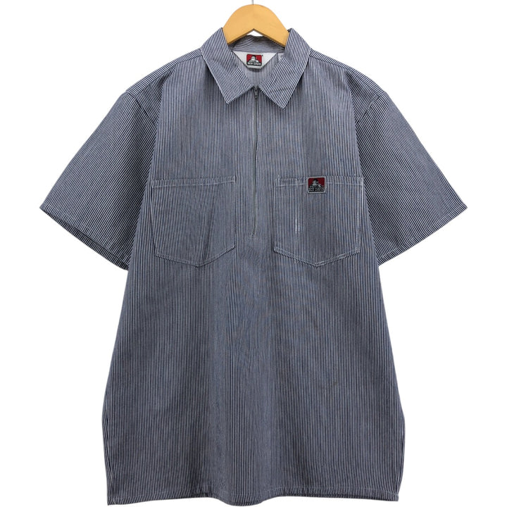 90'S Ben Davis Stripe Pattern Half-Zip Pullover Short Sleeve Work Shirt, Boxy Shirt, Vintage cotton white type Vintage Second Hand