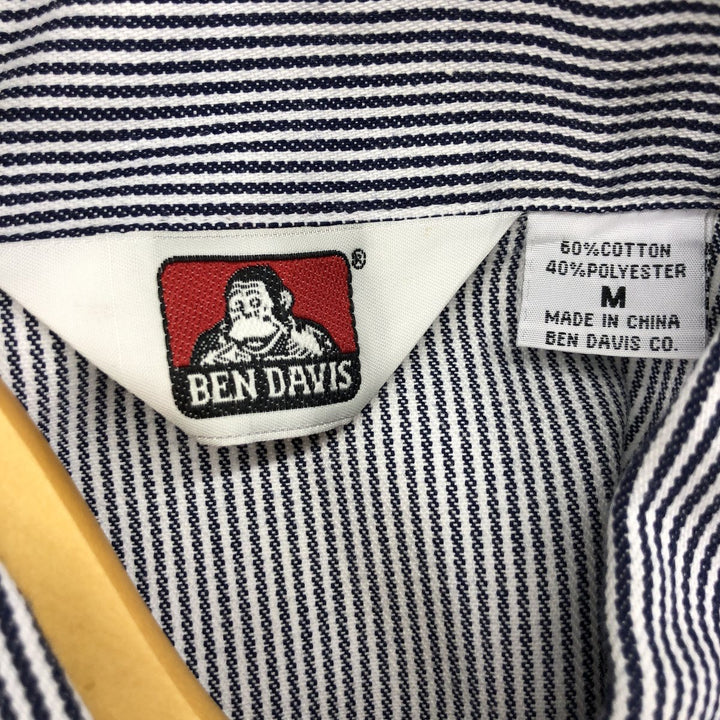 90'S Ben Davis Stripe Pattern Half-Zip Pullover Short Sleeve Work Shirt, Boxy Shirt, Vintage cotton white type Vintage Second Hand