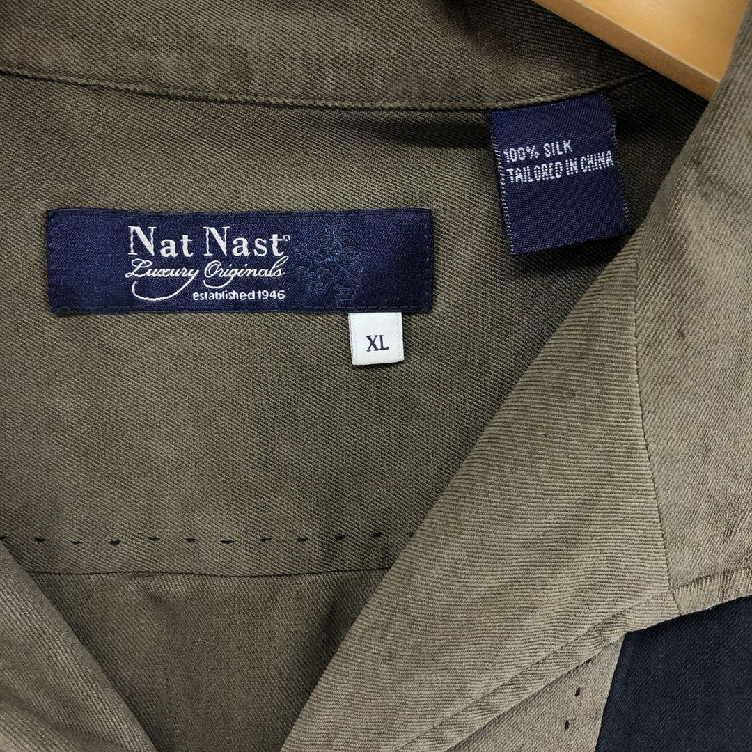 Nat Nast Two-Tone Short Sleeve Open Collar Silk Box Shirt, Men's XL silk Khaki type Vintage Second Hand