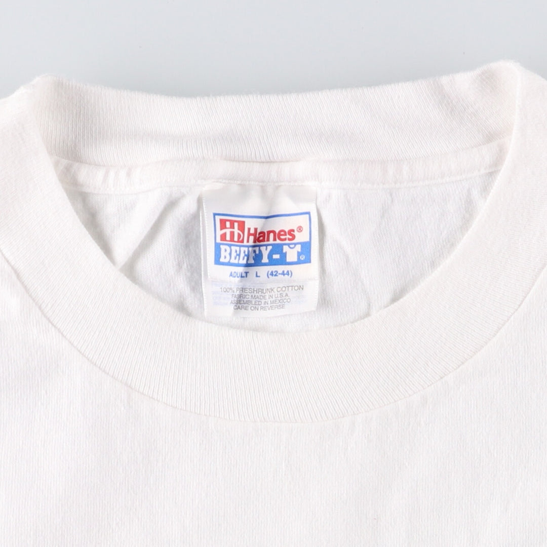 90'S Hanes BEEFY-T Printed T-shirt, Made in USA, Men's L size, Vintage cotton white type Vintage Second Hand