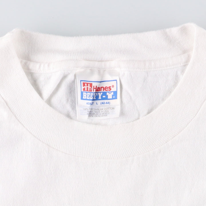90'S Hanes BEEFY-T Printed T-shirt, Made in USA, Men's L size, Vintage cotton white type Vintage Second Hand