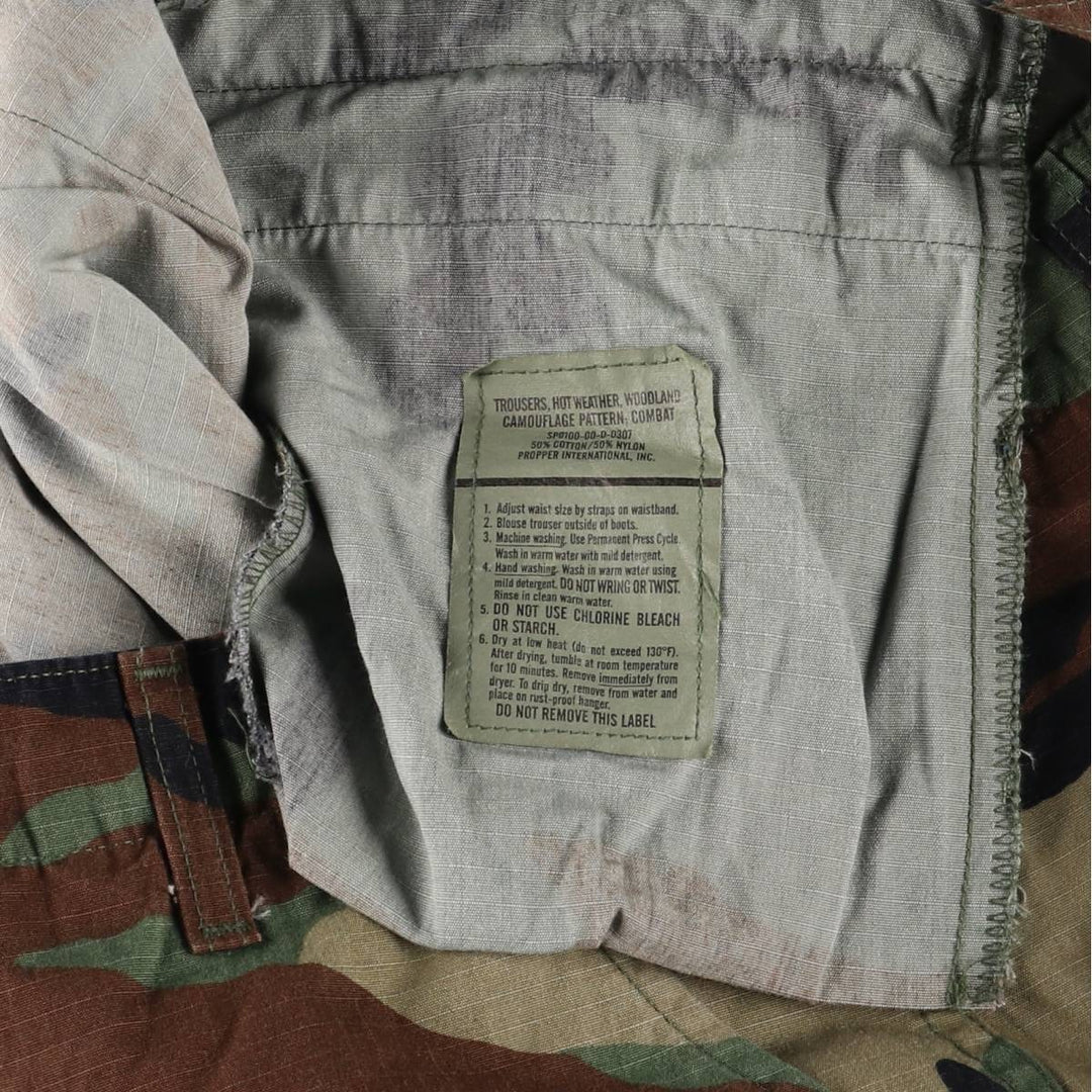 00'S US Military Genuine Camouflage Pattern Woodland Camo Ripstop Military Cargo Pants Combat Pants Made in USA MEDIUM-SHORT cotton Khaki type Vintage Second Hand
