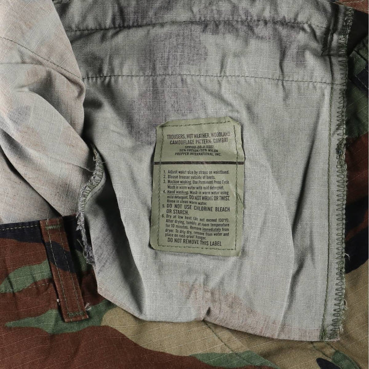 00'S US Military Genuine Camouflage Pattern Woodland Camo Ripstop Military Cargo Pants Combat Pants Made in USA MEDIUM-SHORT cotton Khaki type Vintage Second Hand