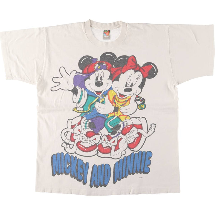 90'S Mickey Mouse Minnie Mouse character print T-shirt, made in the USA, men's size L, vintage cotton white type Vintage Second Hand