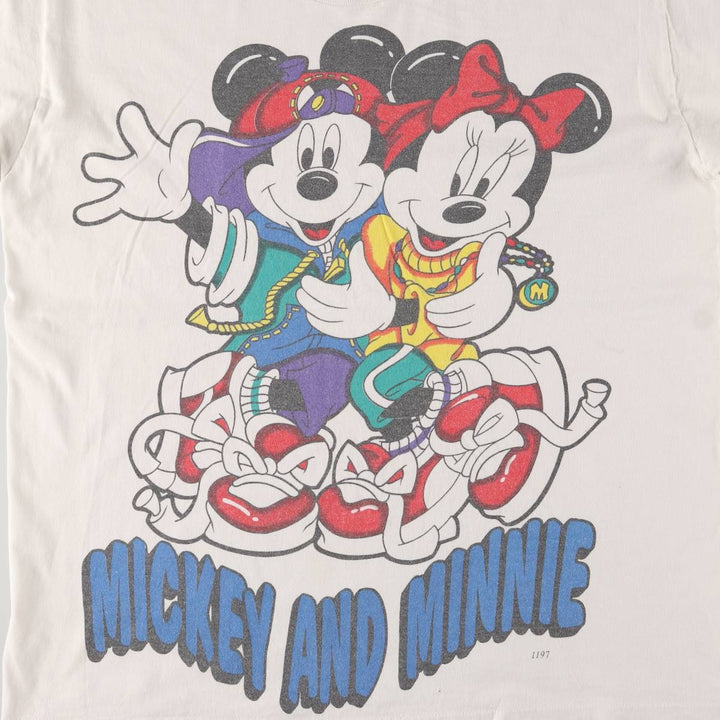 90'S Mickey Mouse Minnie Mouse character print T-shirt, made in the USA, men's size L, vintage cotton white type Vintage Second Hand