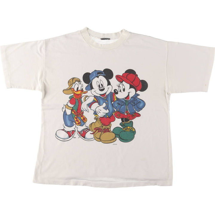 Mickey Mouse, Minnie Mouse, Donald Duck character print T-shirt, men's M size, vintage unclear white type Vintage Second Hand