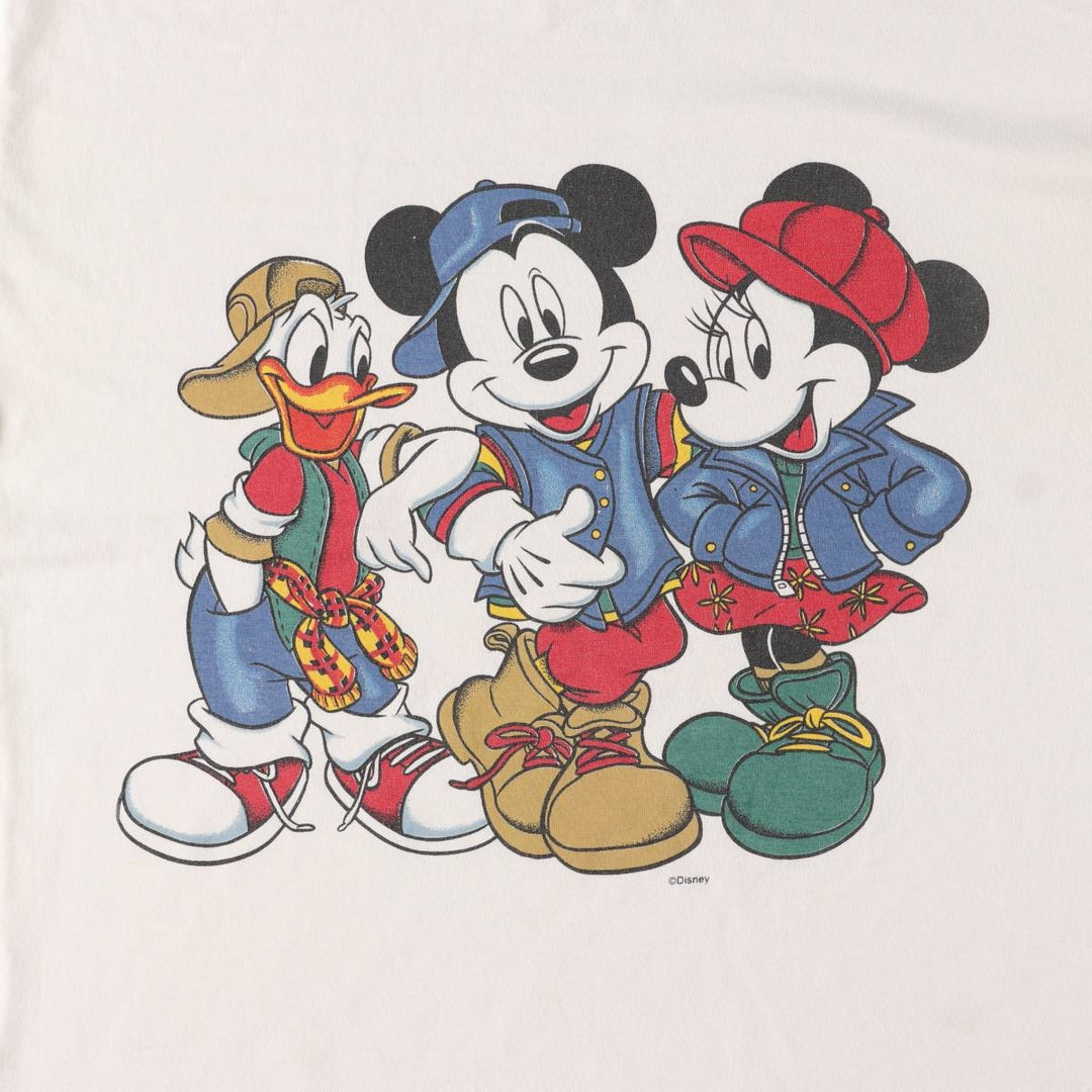 Mickey Mouse, Minnie Mouse, Donald Duck character print T-shirt, men's M size, vintage unclear white type Vintage Second Hand