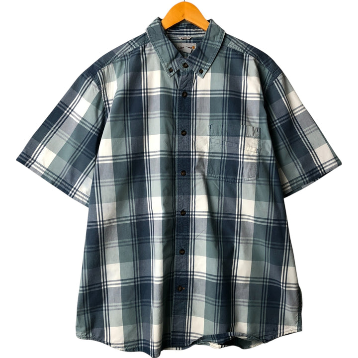 Carhartt RELAXED FIT Check Pattern Button-down Short Sleeve Work Shirt, Men's XL cotton Blue type light blue Vintage Second Hand
