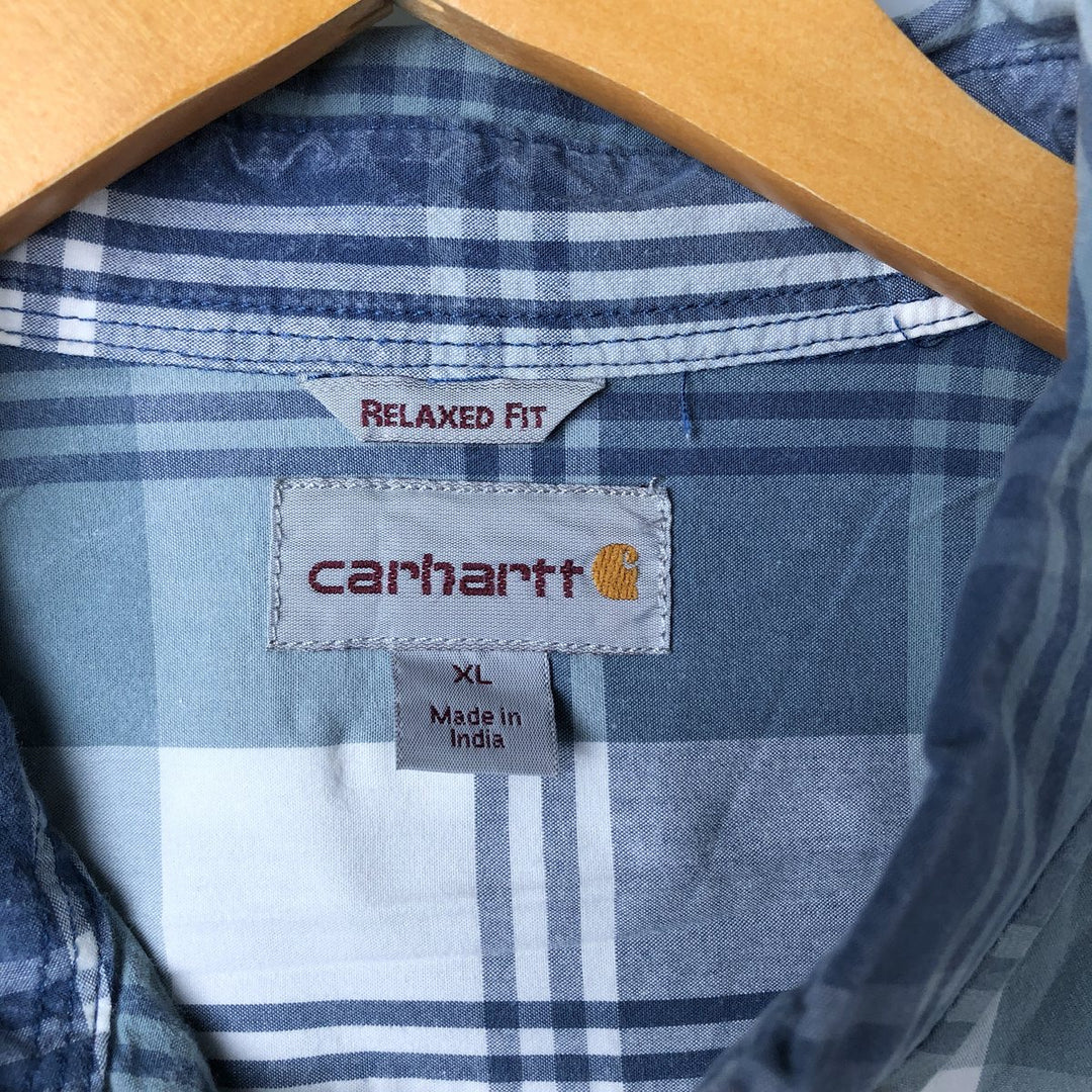 Carhartt RELAXED FIT Check Pattern Button-down Short Sleeve Work Shirt, Men's XL cotton Blue type light blue Vintage Second Hand