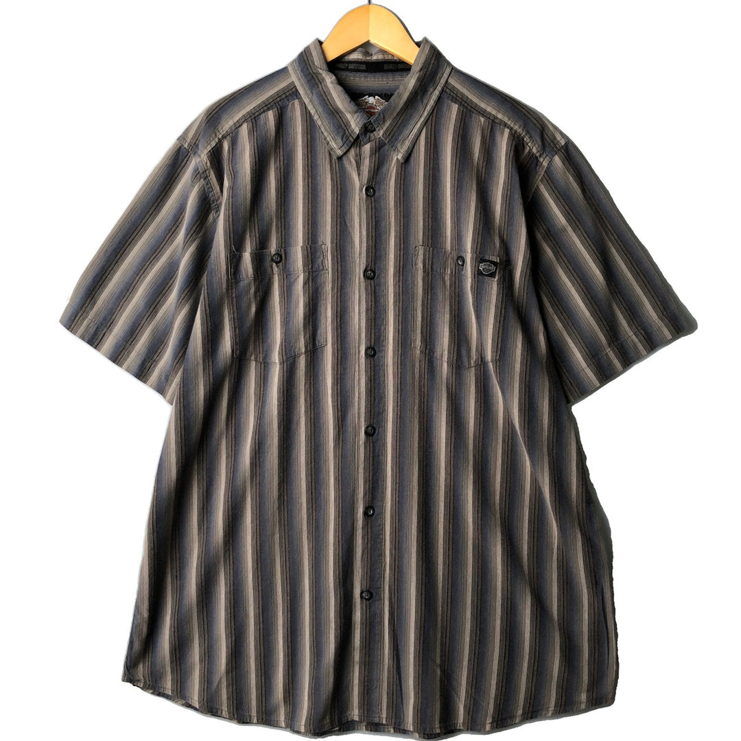 Harley-Davidson Multi-Stripe Tribal Hidden Button-Down Short Sleeve Work Shirt, Men's Size XL cotton gray type Vintage Second Hand