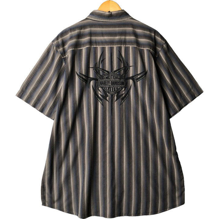 Harley-Davidson Multi-Stripe Tribal Hidden Button-Down Short Sleeve Work Shirt, Men's Size XL cotton gray type Vintage Second Hand