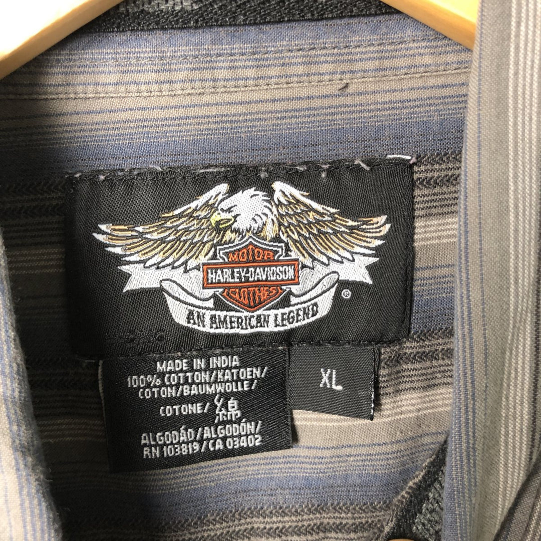 Harley-Davidson Multi-Stripe Tribal Hidden Button-Down Short Sleeve Work Shirt, Men's Size XL cotton gray type Vintage Second Hand