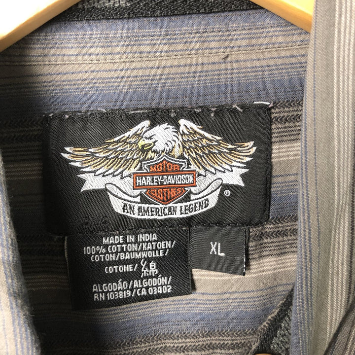 Harley-Davidson Multi-Stripe Tribal Hidden Button-Down Short Sleeve Work Shirt, Men's Size XL cotton gray type Vintage Second Hand