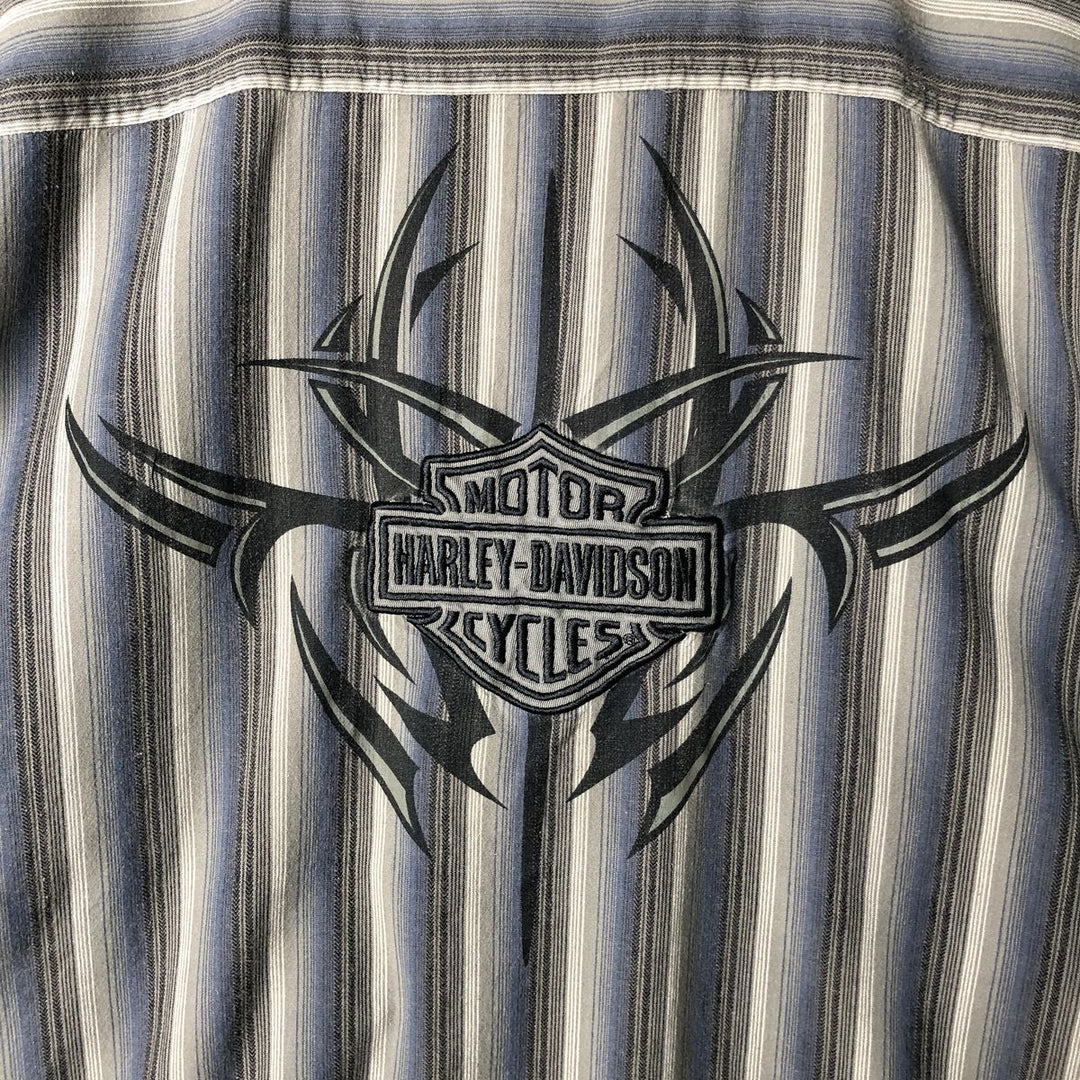 Harley-Davidson Multi-Stripe Tribal Hidden Button-Down Short Sleeve Work Shirt, Men's Size XL cotton gray type Vintage Second Hand
