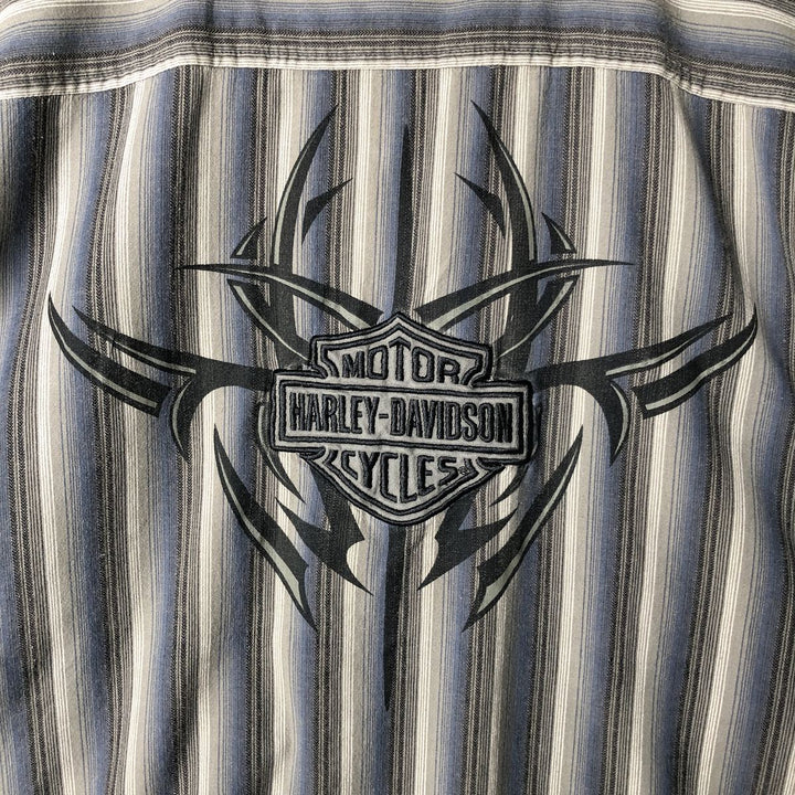 Harley-Davidson Multi-Stripe Tribal Hidden Button-Down Short Sleeve Work Shirt, Men's Size XL cotton gray type Vintage Second Hand