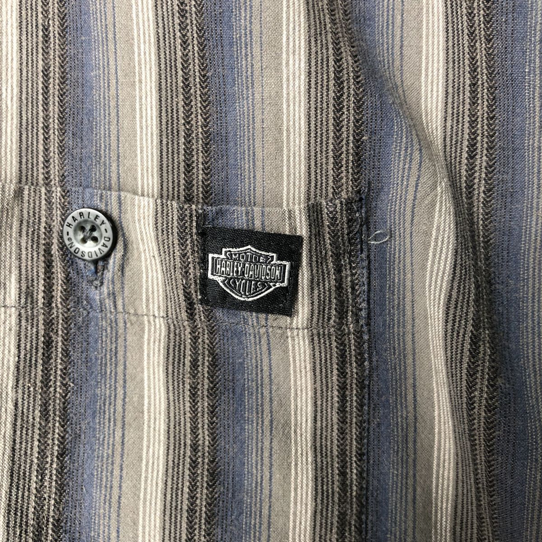 Harley-Davidson Multi-Stripe Tribal Hidden Button-Down Short Sleeve Work Shirt, Men's Size XL cotton gray type Vintage Second Hand