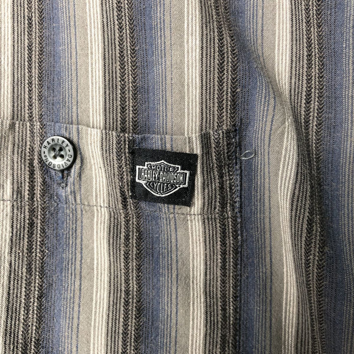Harley-Davidson Multi-Stripe Tribal Hidden Button-Down Short Sleeve Work Shirt, Men's Size XL cotton gray type Vintage Second Hand