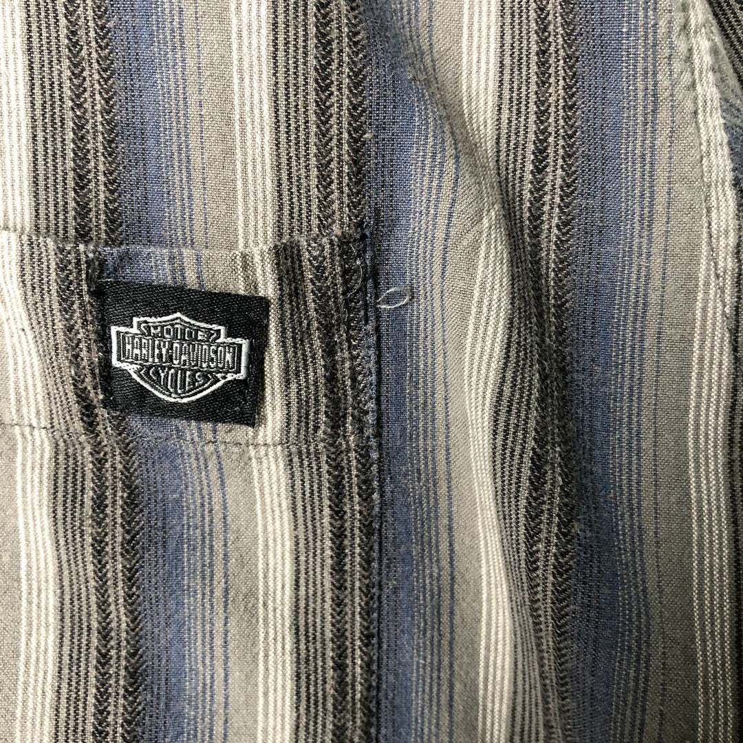 Harley-Davidson Multi-Stripe Tribal Hidden Button-Down Short Sleeve Work Shirt, Men's Size XL cotton gray type Vintage Second Hand