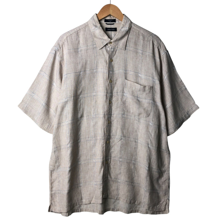2000'S - NAUTICA Check Pattern Short Sleeve Linen Shirt, Box Shirt, Men's XL linen Beige type Vintage Second Hand