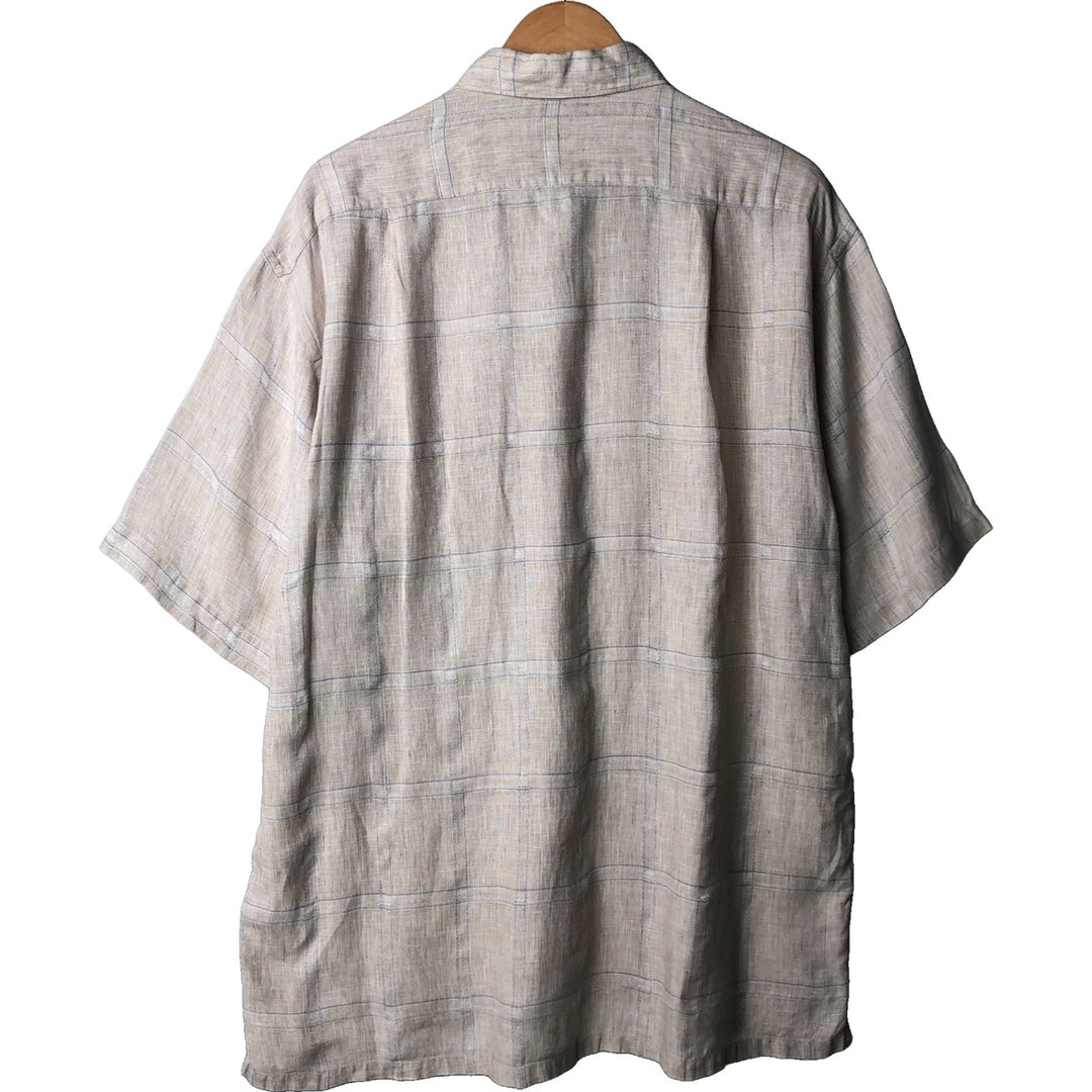 2000'S - NAUTICA Check Pattern Short Sleeve Linen Shirt, Box Shirt, Men's XL linen Beige type Vintage Second Hand