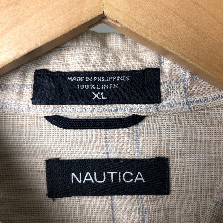 2000'S - NAUTICA Check Pattern Short Sleeve Linen Shirt, Box Shirt, Men's XL linen Beige type Vintage Second Hand