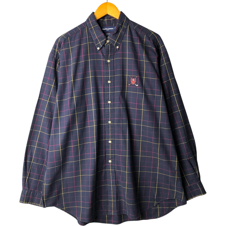 Ralph Lauren Golf Tilden Long Sleeve Button-Down Check Shirt, Men's Size XL cotton navy blue type Vintage Second Hand