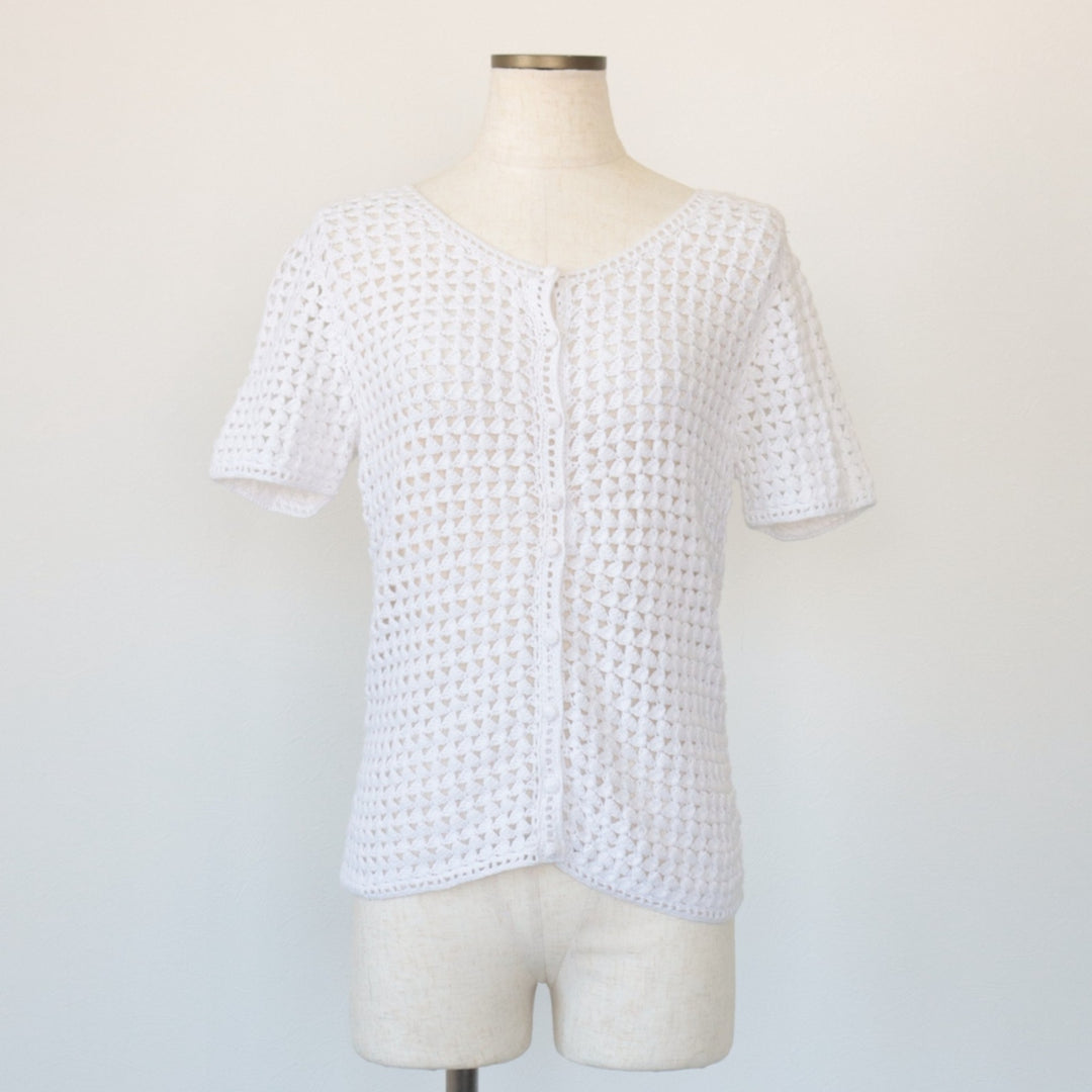 Liz Claiborne LIZPORT Crochet Knit Short Sleeve Summer Cardigan, Women's Size S Lamy white type Vintage Second Hand