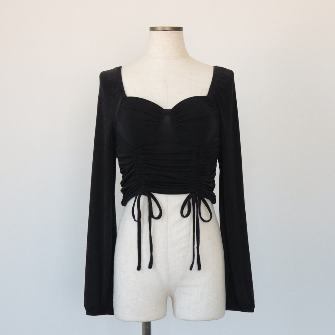 Cupped heart neck long sleeve cut and sewn top, women's size S polyester black type Vintage Second Hand