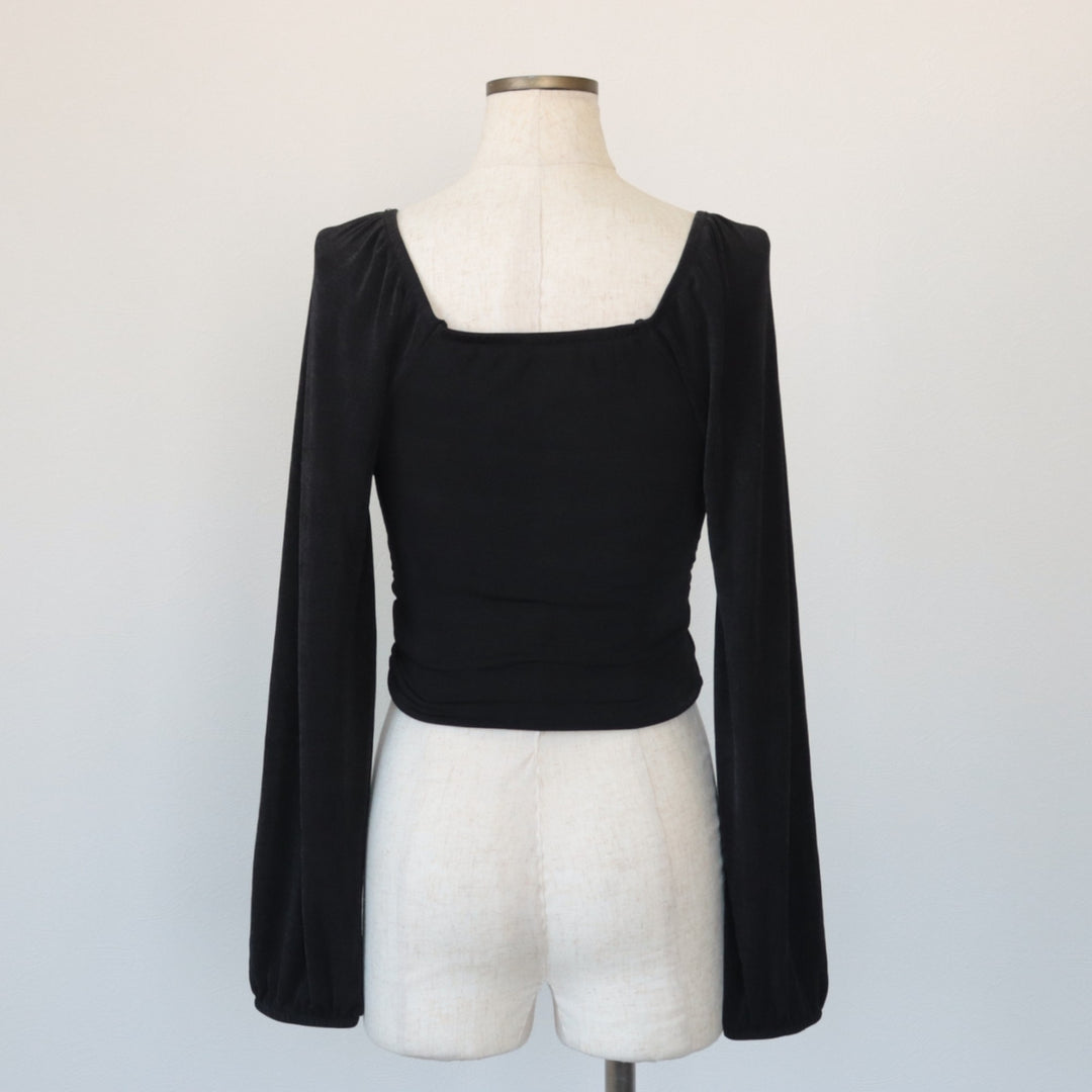 Cupped heart neck long sleeve cut and sewn top, women's size S polyester black type Vintage Second Hand